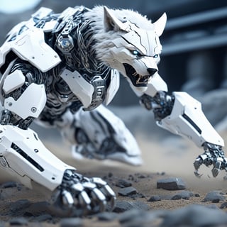 crawling white stone werewolf fighting hightech bio robot,intricate mech details, ground level shot, 8K resolution, Cinema 4D, Behance HD, polished metal, Unreal Engine 5, rendered in Blender, sci-fi, futuristic, trending on Artstation, epic, cinematic background, dramatic, atmospheric,full_body, movie still, action_pose, cyborg style
