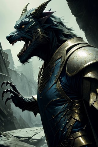 Create an image of a demonic werewolf with its sharp claws and teeth that can pierce steel and its massive body that can subdue its prey without resistance, it lives in a no man's land where a carcass surrounds it, making it very realistic and detailed, wearing blue and white armor, with gold details, highly realistic, FHD, UHD, HDR,lord of the rings (but careful with the word "lord"),futureaodai,dragonborn