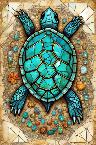Happy, tortoise, turquoise, blessed, welcoming , cute, adorable, vintage, art on a cracked paper, fairytale, patchwork, stained glass, storybook detailed illustration, cinematic, ultra highly detailed, tiny details, beautiful details, mystical, luminism, vibrant colors, complex background