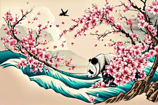 ((masterpiece), (best quality), (highly detailed)), beautiful furry panda bear,  cherry blossoms, bamboo,  holding flower, little birds flying around, Acssessory, wave, ukiyo_e
