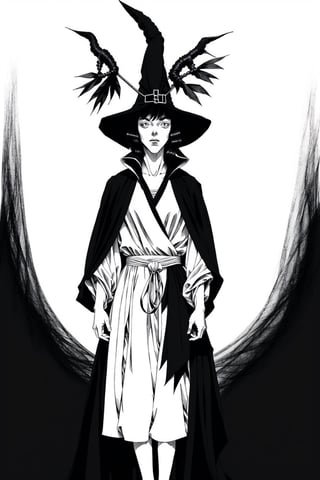 1girl, witch, face_mask, witch_hat, robes, black_dress, cloak, (masterpiece, best quality:1.2), greyscale, midjourney, (monochrome:1.2), (white background:1.5), greyscale monochrome boichi manga style, boichi manga style