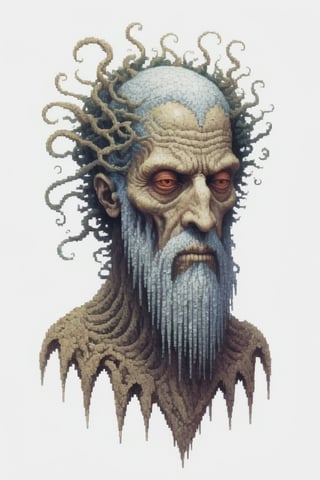 tessellated humanoid by Zdzisław Beksiński, tendril beard, Leonardo Style, pixel art,pixel, (white background:1),aesthetic portrait,Monster