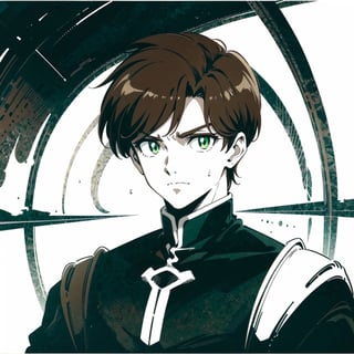 1boy, 1male, vintage, anime, anime screencap, solo, (90s:1.3), portrait, looking at viewer, (green eyes, brown hair:1.2), relaxed, short hair, (black clothes, masterpiece, best quality:1.2), midjourney, monochrome