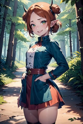 Imagine a female child with short fluffy and messy curly bright orange hair. She has small breasts and is a lolita. Her eyes are a bright shade of green, sparkling with intricate detail and a hit on magic. She has pointed elf ears. She has two short horns on her head. She has an evil smile on her face that shows she's up to no good. She has warm freckles on her face. She wears a white button up long sleeve top and a long purple skirt and long green trench coat with lots of pockets. She is practicing magic that sparkles around her. The background is a charming forest path in the enchanted woods with bright lighting, creating a magical ambiance. This artwork captures the essence of mischief and magic against the backdrop of a beautiful setting. detailed, detail_eyes, detailed_hair, detailed_scenario, detailed_hands, detailed_background, vox machina style,vox machina style,fantai12