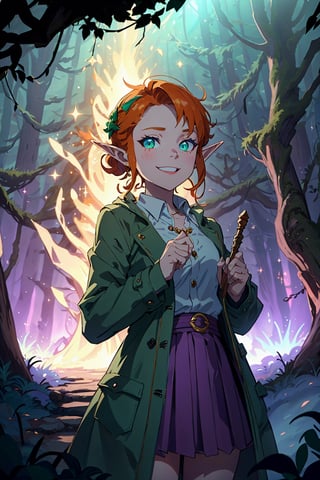Imagine a young 13 year old girl with fluffy and messy curly bright orange hair that reaches her shoulders. Her eyes are a bright shade of green, sparkling with intricate detail and a hit on magic. She has pointed elf ears. She has an evil smile on her face that shows she's up to no good. She has warm freckles on her face. She wears a white button up long sleeve top and a long purple skirt. She wears a long green trench coat with lots of pockets. She is practicing magic that sparkles around her. The background is a charming forest path in the enchanted woods with bright lighting, creating a magical ambiance. There is magic in the air.This artwork captures the essence of mischief and magic against the backdrop of a beautiful setting. detailed, detail_eyes, detailed_hair, detailed_scenario, detailed_hands, detailed_background,FFIXBG, fantasy.,Tex Mex Burrito Style,aka shiba,yoshida akihiko,MOLESTATION,SAM YANG,vox machina style
