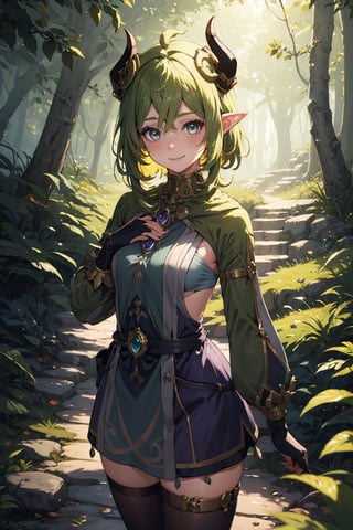 Imagine a female child with short messy vibrant purple hair in a short hair cut. She has small breasts. She has bright green eyes. She has pointed elf ears. She has two short horns on her head. She has an evil smile on her face that shows she's up to no good. She has warm freckles on her face. She wears a modest outfit with a long green trench coat with lots of pockets. She is practicing magic that sparkles around her. The background is a charming forest path in the enchanted woods with bright lighting, creating a magical ambiance. This artwork captures the essence of mischief and magic against the backdrop of a beautiful setting. detailed, detail_eyes, detailed_hair, detailed_scenario, detailed_hands, detailed_background, vox machina style,vox machina style,oil impasto, flat chest.,,niloudef