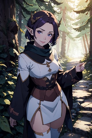 Imagine a female child with short messy vibrant purple hair in a short hair cut. She has small breasts. Her eyes are a bright green, sparkling a hit on magic. She has pointed elf ears. She has two short horns on her head. She has an evil smile on her face that shows she's up to no good. She has warm freckles on her face. She wears a modest outfit with a long green trench coat with lots of pockets. She is practicing magic that sparkles around her. The background is a charming forest path in the enchanted woods with bright lighting, creating a magical ambiance. This artwork captures the essence of mischief and magic against the backdrop of a beautiful setting. detailed, detail_eyes, detailed_hair, detailed_scenario, detailed_hands, detailed_background, vox machina style,vox machina style,Hana1,oha style,paimondef,cuteloli