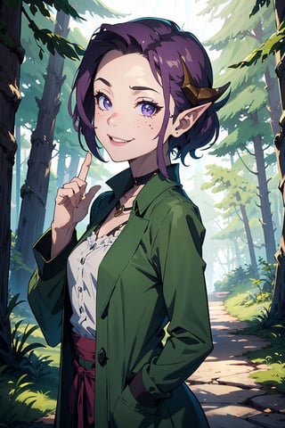 Imagine a female child with short messy bright purple hair in a pixie cut. She has small breasts and is a lolita. Her eyes are a bright shade of green, sparkling with intricate detail and a hit on magic. She has pointed elf ears. She has two short horns on her head. She has an evil smile on her face that shows she's up to no good. She has warm freckles on her face. She wears a long green trench coat with lots of pockets. She is practicing magic that sparkles around her. The background is a charming forest path in the enchanted woods with bright lighting, creating a magical ambiance. This artwork captures the essence of mischief and magic against the backdrop of a beautiful setting. detailed, detail_eyes, detailed_hair, detailed_scenario, detailed_hands, detailed_background, vox machina style,vox machina style,fantai12