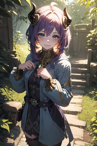 Imagine a female child with short messy vibrant purple hair in a short hair cut. She has small breasts. She has bright green eyes. She has pointed elf ears. She has two short horns on her head. She has an evil smile on her face that shows she's up to no good. She has warm freckles on her face. She wears a long green trench coat. The background is a charming forest path in the enchanted woods with bright lighting, creating a magical ambiance. This artwork captures the essence of mischief and magic against the backdrop of a beautiful setting. detailed, detail_eyes, detailed_hair, detailed_scenario, detailed_hands, detailed_background, vox machina style,vox machina style,oil impasto, flat chest, 