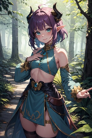 Imagine a female child with short messy vibrant purple hair in a short hair cut. She has small breasts. She has bright green eyes. She has pointed elf ears. She has two short horns on her head. She has an evil smile on her face that shows she's up to no good. She has warm freckles on her face. She wears a modest outfit with a long green trench coat with lots of pockets. She is practicing magic that sparkles around her. The background is a charming forest path in the enchanted woods with bright lighting, creating a magical ambiance. This artwork captures the essence of mischief and magic against the backdrop of a beautiful setting. detailed, detail_eyes, detailed_hair, detailed_scenario, detailed_hands, detailed_background, vox machina style,vox machina style,oil impasto, flat chest.,,niloudef,