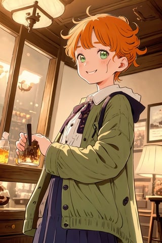 Imagine an adorable girl with wild and messy short curly orange hair. Her eyes are a vivid shade of green, sparkling with intricate detail. She has a mischivious smile on her face. She has a warm, tanned complexion that adds to her charm. She wears a white linnen button up long sleeve top and a long purptle skirt with a cute touch. She wears a long green coat with lots of pockets.
The background is a charming bar scene with dim lighting, creating a cozy ambiance. This artwork captures the essence of innocence and cuteness against the backdrop of a beautiful yet dimly lit setting, detailed, detail_eyes, detailed_hair, detailed_scenario, detailed_hands, detailed_background.