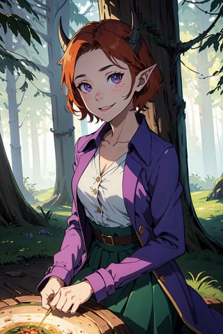 Imagine a female child with short fluffy and messy curly bright orange hair. Her eyes are a bright shade of green, sparkling with intricate detail and a hit on magic. She has pointed elf ears. She has two short horns on her head. She has an evil smile on her face that shows she's up to no good. She has warm freckles on her face. She wears a white button up long sleeve top and a long purple skirt and long green trench coat with lots of pockets. She is practicing magic that sparkles around her. The background is a charming forest path in the enchanted woods with bright lighting, creating a magical ambiance. This artwork captures the essence of mischief and magic against the backdrop of a beautiful setting. detailed, detail_eyes, detailed_hair, detailed_scenario, detailed_hands, detailed_background,FFIXBG, fantasy.,Tex Mex Burrito Style,aka shiba,yoshida akihiko,MOLESTATION,SAM YANG,vox machina style,niloudef,monadef,KurashimaChiyuri, flat chest, short hair,Circle