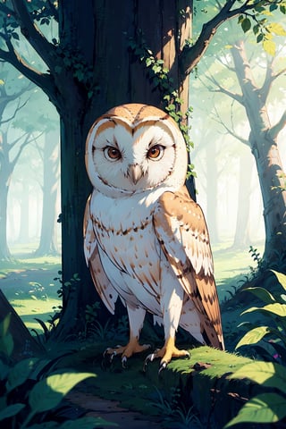 Barn owl, one subject, magical forest,