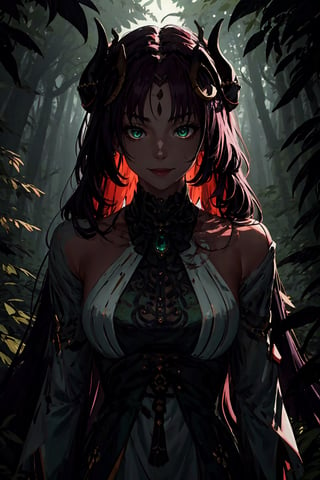 Imagine a beautiful woman with long and wild dark purple hair hair flowing freely around her. She has horns. Her dragon eyes are bright green, sparkling with intricate detail. She smiles like she is scheming something. She wears a gorgeous dress with a fine touch and she wears fine jewelery. The background is a creepy forest with dim lighting, creating an ominous ambiance. She is surrounded by sparking magic. This artwork captures a creepy atmosphere against the backdrop of a beautiful yet dimly lit setting, detailed, detail_eyes, detailed_hair, detailed_scenario, detailed_hands, detailed_background. girl, fine clothing, ,nilou \(genshin impact\),KurashimaChiyuri