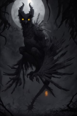 Alquam, the Silent Black, Eyes in the Night, the Dark Hunter, is the demon lord of night and the creatures that prowl it. He has a particular affinity for owls; the stryx and owl harpies are both offshoots of his influence. Any shadow or dark corner at night might carry whispers to his ears. Alquam delights in music, though his favorite songs are said to grate mortal sanity to shreds. His huffed breath reeks of carrion.
Alquam is composed mostly of darkness, with some features of a monstrous owl. He stands over 15 feet tall, and dark gray feathers with lighter speckles and bands cover his body. His head is that of a great owl with back-swept horns and massive, bulbous eyes that gleam yellow. His body is thin and such a deep black that it drinks in light. His feathery wings are long enough to wrap around his whole body.
Alquam's lair is an immense tree in the center of a lightless layer of the Abyss. The tree is an ancient, dead snag with a massige hollow chamber in the rotting trunk.,DarkTheme, abomination, monster, beast, owl, owlmonster, harpy, demon, devil, dark_souls, soulsborn, final_boss, finalboss, boss, boss monster, boss_monster, glowing yellow eyes, detailed eyes, yellow eyes.,anthro