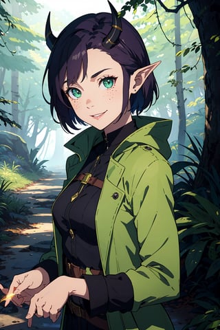 Imagine a female child with short messy vibrant purple hair in a short hair cut. She has small breasts. She has bright green eyes. She has pointed elf ears. She has two short horns on her head. She has an evil smile on her face that shows she's up to no good. She has warm freckles on her face. She wears a modest outfit with a long green trench coat with lots of pockets. She is practicing magic that sparkles around her. The background is a charming forest path in the enchanted woods with bright lighting, creating a magical ambiance. This artwork captures the essence of mischief and magic against the backdrop of a beautiful setting. detailed, detail_eyes, detailed_hair, detailed_scenario, detailed_hands, detailed_background, vox machina style,vox machina style