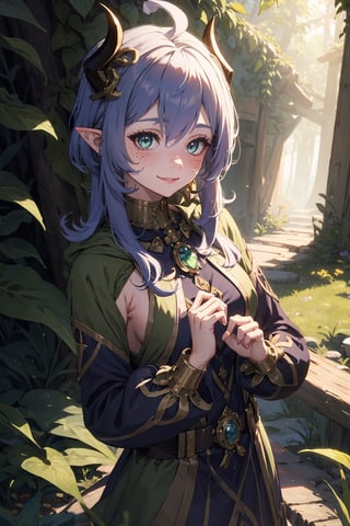 Imagine a female child with short messy vibrant purple hair in a short hair cut. She has small breasts. She has bright green eyes. She has pointed elf ears. She has two short horns on her head. She has an evil smile on her face that shows she's up to no good. She has warm freckles on her face. She wears a long green trench coat. The background is a charming forest path in the enchanted woods with bright lighting, creating a magical ambiance. This artwork captures the essence of mischief and magic against the backdrop of a beautiful setting. detailed, detail_eyes, detailed_hair, detailed_scenario, detailed_hands, detailed_background, vox machina style,vox machina style,oil impasto, flat chest, 