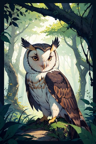 black Barn owl, one subject, magical forest,