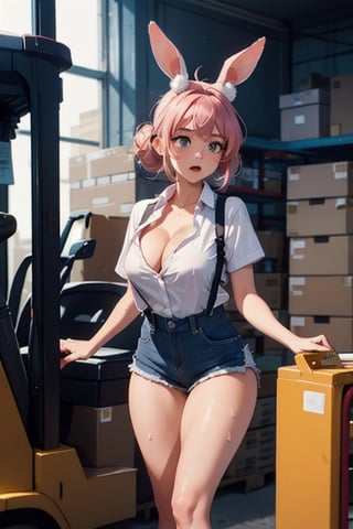 A bunny girl with pink hair and supple tanned skin wipes the sweat from her brow. Her uniform, a set of overalls shorts and a low necked button up work shirt that shows the cleavage of her large breasts, in perfect condition. Her thighs glisten with sweat and her fluffy rabbit ears remain upright at attention for anyone who may be in danger of being hit by her forklift. She rides a yellow forklift carrying a pallete of large boxes. Her muscular, toned arms glimmer with sweat as she sighs. All in a days work for a working bunny girl. full forklift.