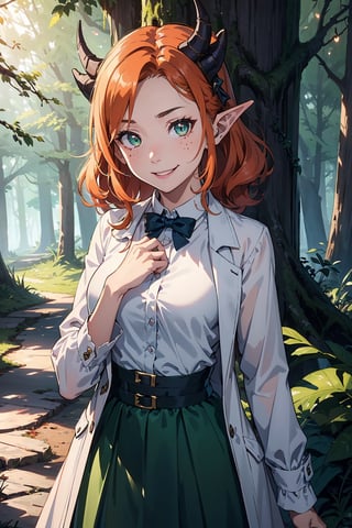 Imagine a female child with short fluffy and messy curly bright orange hair that hangs free. She has small breasts and is a lolita. Her eyes are a bright shade of green, sparkling with intricate detail and a hit on magic. She has pointed elf ears. She has two short horns on her head. She has an evil smile on her face that shows she's up to no good. She has warm freckles on her face. She wears a white button up long sleeve top and a long purple skirt and long green trench coat with lots of pockets. She is practicing magic that sparkles around her. The background is a charming forest path in the enchanted woods with bright lighting, creating a magical ambiance. This artwork captures the essence of mischief and magic against the backdrop of a beautiful setting. detailed, detail_eyes, detailed_hair, detailed_scenario, detailed_hands, detailed_background, vox machina style,vox machina style,fantai12