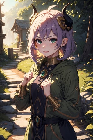 Imagine a female child with short messy vibrant purple hair in a short hair cut. She has small breasts. She has bright green eyes. She has pointed elf ears. She has two short horns on her head. She has a scheming smile. angry eyebrows. big smile. dragon eyes. She has warm freckles on her face. She wears a long green trench coat. The background is a charming forest path in the enchanted woods with bright lighting, creating a magical ambiance. This artwork captures the essence of mischief and magic against the backdrop of a beautiful setting. detailed, detail_eyes, detailed_hair, detailed_scenario, detailed_hands, detailed_background, flat chest,