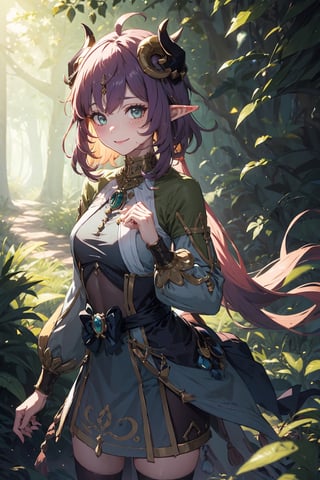 Imagine a female child with short messy vibrant purple hair in a short hair cut. She has small breasts. She has bright green eyes. She has pointed elf ears. She has two short horns on her head. She has an evil smile on her face that shows she's up to no good. She has warm freckles on her face. She wears a modest outfit with a long green trench coat with lots of pockets. She is practicing magic that sparkles around her. The background is a charming forest path in the enchanted woods with bright lighting, creating a magical ambiance. This artwork captures the essence of mischief and magic against the backdrop of a beautiful setting. detailed, detail_eyes, detailed_hair, detailed_scenario, detailed_hands, detailed_background, vox machina style,vox machina style,oil impasto, flat chest.,,niloudef