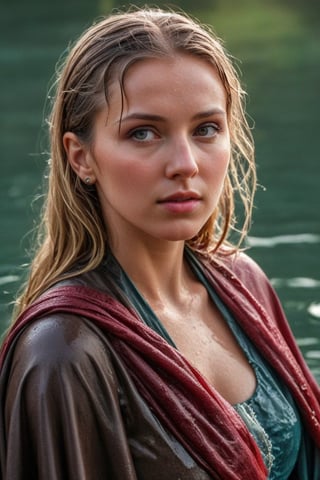 (wet clothes, wet hair, wet, wet face, wet skin,  : 1.4 ),(Chiaroscuro Solid colors background),( Beautiful wet German queen with a shawl on her shoulder ),(greater details in definitions of face and eyes), (realistic and detailed wet skin textures), (extremely clear image, UHD, resembling realistic professional photographs, film grain), beautiful wet blonde hair,beautiful blue iris, ((wearing Baroque-style crimson dirndl ballgowns, veiled royal cloak, clothes with vibrant colors, holding a shawl on hand, submerge,  hugging, very wet drenched hair, wet face:1.2)), infused with norwegian elements. The dress combines intricate lace and embroidery with colorful ballgown-inspired patterns. A wide obi belt cinches her waist, while puffed sleeves and delicate accessories complete the look, showcasing a striking fusion of cultures.,ct-drago
.
, soakingwetclothes, wet clothes, wet hair, Visual Anime,art_booster,anime_screencap,fake_screenshot,anime coloring