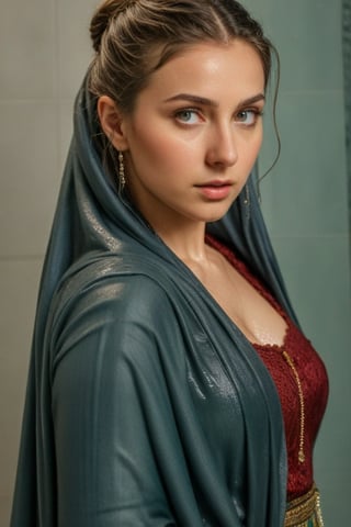 (wet clothes, wet hair, wet, wet face, wet skin,  : 1.4 ),(Chiaroscuro Solid colors background),( Beautiful wet German queen covered by a shawl on her shoulder ),(greater details in definitions of wet face and eyes), (realistic and detailed wet skin textures), (extremely clear image, UHD, resembling realistic professional photographs, film grain), beautiful wet blonde hair,beautiful blue iris, ((wearing wet Baroque-style crimson dirndl ballgowns partly covered by wet shawl,clothes with vibrant colors, , submerge,  hugging, very wet drenched hair, wet face:1.2)), infused with norwegian elements. The dress combines intricate lace and embroidery with colorful ballgown-inspired patterns. A wide obi belt cinches her waist, while puffed sleeves and delicate accessories complete the look, showcasing a striking fusion of cultures.,ct-drago
.
, soakingwetclothes, wet clothes, wet hair, Visual Anime,art_booster,anime_screencap,fake_screenshot,anime coloring,Pakistani dress,indian, Indian beauty