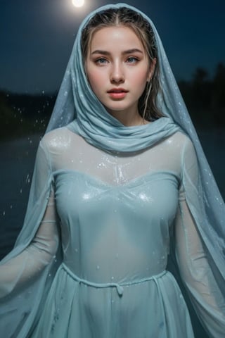 (wet clothes, wet hair, wet, wet face, wet skin,  : 1.4 ),(Chiaroscuro Solid colors background),masterpiece, (best quality:1.2), (ultra-detailed:1.2), illustration, (an extremely delicate and beautiful:1.2),cinematic angle,floating, (beautiful detailed eyes:1.1), (detailed light:1.1),cinematic lighting, beautifully detailed sky, 1 girl 21 years old in wet hijab, wet white ballgown style Hanfu, snow, wet long hijab fluttering in the wind, little smile, large aperture, light blue eyes, (high ponytail:1.1), cloak, glowing eyes, (moon:1.2), (moonlight:1.1), starry sky, (lighting particle:1.1), fog, snow painting, sketch, bloom

.
, soakingwetclothes, wet clothes, wet hair, Visual Anime,art_booster,anime_screencap,fake_screenshot,anime coloring