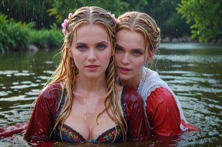 (wet clothes, wet hair, wet, wet face, wet skin,  : 1.4 ),(two Beautiful German queen ),(greater details in definitions of face and eyes), (realistic and detailed skin textures), (extremely clear image, UHD, resembling realistic professional photographs, film grain), beautiful blonde hair,beautiful blue iris, ((wearing Baroque-style crimson dirndl ballgowns and veiled royal cloak with vibrant colors, submerge, two girls hugging, very wet drenched hair, wet face:1.2)), infused with norwegian elements. The dress combines intricate lace and embroidery with colorful ballgown-inspired patterns. A wide obi belt cinches her waist, while puffed sleeves and delicate accessories complete the look, showcasing a striking fusion of cultures.,ct-drago
.
, soakingwetclothes, wet clothes, wet hair, Visual Anime,art_booster,anime_screencap,fake_screenshot,anime coloring
