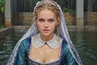 (wet clothes, wet hair, wet, wet face, wet skin,  : 1.4 ),(two Beautiful German queen ),(greater details in definitions of face and eyes), (realistic and detailed skin textures), (extremely clear image, UHD, resembling realistic professional photographs, film grain), beautiful blonde hair,beautiful blue iris, ((wearing Baroque-style dirndl ballgowns and royal cloak with vibrant colors, submerge, two girls hugging, very wet drenched hair, wet face:1.2)), infused with norwegian elements. The dress combines intricate lace and embroidery with colorful ballgown-inspired patterns. A wide obi belt cinches her waist, while puffed sleeves and delicate accessories complete the look, showcasing a striking fusion of cultures.,ct-drago
.
, soakingwetclothes, wet clothes, wet hair, Visual Anime,art_booster,anime_screencap,fake_screenshot,anime coloring