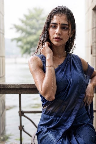 fashion photography portrait of 1girl, offshoulder, fluffy long hair, soft light, rim light, beautiful shadow, low key, (photorealistic, raw photo:1.2), (), hyperrealism, ultra high res, 4K, Best quality, masterpiece, necklace, (cleavage:0.8), in the dark,Saree, full pic, amazing background,  ((wet clothes, wet hair, sitting in water, face focused, skin pores, blouse, saree, detail face, smooth wet skin)),wet hair,girl wearing indian saree