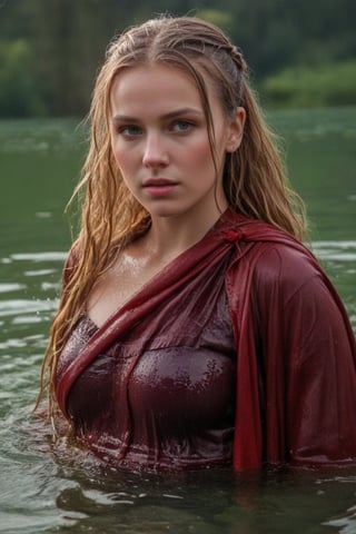 (wet clothes, wet hair, wet, wet face, wet skin,  : 1.4 ),(Chiaroscuro Solid colors background),( Beautiful wet German queen ),(greater details in definitions of face and eyes), (realistic and detailed wet skin textures), (extremely clear image, UHD, resembling realistic professional photographs, film grain), beautiful wet blonde hair,beautiful blue iris, ((wearing Baroque-style crimson dirndl ballgowns, royal cloak, clothes with vibrant colors, holding a shawl on hand, submerge,  hugging, very wet drenched hair, wet face:1.2)), infused with norwegian elements. The dress combines intricate lace and embroidery with colorful ballgown-inspired patterns. A wide obi belt cinches her waist, while puffed sleeves and delicate accessories complete the look, showcasing a striking fusion of cultures.,ct-drago
.
, soakingwetclothes, wet clothes, wet hair, Visual Anime,art_booster,anime_screencap,fake_screenshot,anime coloring