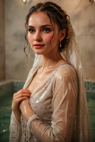 beautiful photo of a soaking wet girl. (masterpiece, top quality, best quality, official art, beautiful and aesthetic, wearing ballgown drapped with shawl:1.2), (1girl:1.4), portrait, extreme detailed, highest detailed, simple background, 16k, high resolution, perfect dynamic composition, bokeh, (sharp focus:1.2), super wide angle, high angle, high color contrast, medium shot, depth of field, blurry background,,itacstl, slight smile, ballgown, full sleeve

(wet clothes, wet hair, wet, wet face, wet skin, : 1.4 ), soakingwetclothes, wet clothes, wet hair, Visual Anime,Pakistani dress