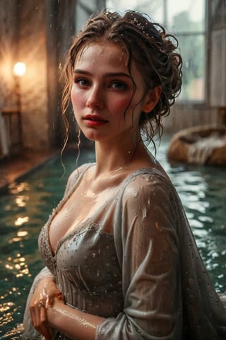 beautiful photo of a soaking wet girl. (masterpiece, top quality, best quality, official art, beautiful and aesthetic, wearing ballgown drapped with shawl:1.2), (1girl:1.4), portrait, extreme detailed, highest detailed, simple background, 16k, high resolution, perfect dynamic composition, bokeh, (sharp focus:1.2), super wide angle, high angle, high color contrast, medium shot, depth of field, blurry background,,itacstl, slight smile, ballgown, full sleeve

(wet clothes, wet hair, wet, wet face, wet skin, : 1.4 ), soakingwetclothes, wet clothes, wet hair, Visual Anime