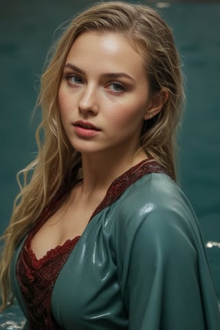 (wet clothes, wet hair, wet, wet face, wet skin,  : 1.4 ),(Chiaroscuro Solid colors background),( Beautiful wet German queen ),(greater details in definitions of face and eyes), (realistic and detailed wet skin textures), (extremely clear image, UHD, resembling realistic professional photographs, film grain), beautiful wet blonde hair,beautiful blue iris, ((wearing Baroque-style crimson dirndl ballgowns, royal cloak, clothes with vibrant colors, holding a shawl on hand, submerge,  hugging, very wet drenched hair, wet face:1.2)), infused with norwegian elements. The dress combines intricate lace and embroidery with colorful ballgown-inspired patterns. A wide obi belt cinches her waist, while puffed sleeves and delicate accessories complete the look, showcasing a striking fusion of cultures.,ct-drago
.
, soakingwetclothes, wet clothes, wet hair, Visual Anime,art_booster,anime_screencap,fake_screenshot,anime coloring