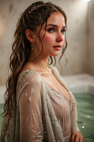 beautiful photo of a soaking wet girl. (masterpiece, top quality, best quality, official art, beautiful and aesthetic, wearing ballgown drapped with shawl:1.2), (1girl:1.4), portrait, extreme detailed, highest detailed, simple background, 16k, high resolution, perfect dynamic composition, bokeh, (sharp focus:1.2), super wide angle, high angle, high color contrast, medium shot, depth of field, blurry background,,itacstl, slight smile, ballgown, full sleeve

(wet clothes, wet hair, wet, wet face, wet skin, : 1.4 ), soakingwetclothes, wet clothes, wet hair, Visual Anime,Pakistani dress