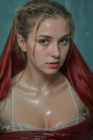 (wet clothes, wet hair, wet, wet face, wet skin,  : 1.4 ),(Chiaroscuro Solid colors background),( Beautiful wet German queen ),(greater details in definitions of face and eyes), (realistic and detailed wet skin textures), (extremely clear image, UHD, resembling realistic professional photographs, film grain), beautiful wet blonde hair,beautiful blue iris, ((wearing Baroque-style crimson dirndl ballgowns, royal cloak, clothes with vibrant colors, holding a shawl on hand, submerge,  hugging, very wet drenched hair, wet face:1.2)), infused with norwegian elements. The dress combines intricate lace and embroidery with colorful ballgown-inspired patterns. A wide obi belt cinches her waist, while puffed sleeves and delicate accessories complete the look, showcasing a striking fusion of cultures.,ct-drago
.
, soakingwetclothes, wet clothes, wet hair, Visual Anime,art_booster,anime_screencap,fake_screenshot,anime coloring