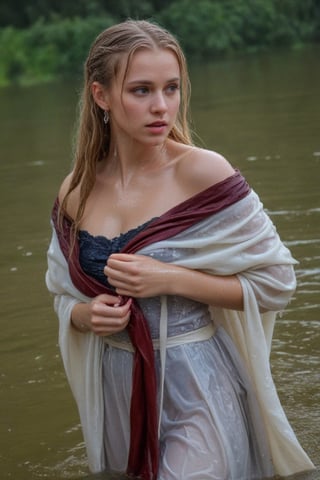 (wet clothes, wet hair, wet, wet face, wet skin,  : 1.4 ),(Chiaroscuro Solid colors background),( Beautiful wet German queen ),(greater details in definitions of face and eyes), (realistic and detailed wet skin textures), (extremely clear image, UHD, resembling realistic professional photographs, film grain), beautiful wet blonde hair,beautiful blue iris, ((wearing Baroque-style crimson dirndl ballgowns, royal cloak, clothes with vibrant colors, holding a shawl on hand, submerge,  hugging, very wet drenched hair, wet face:1.2)), infused with norwegian elements. The dress combines intricate lace and embroidery with colorful ballgown-inspired patterns. A wide obi belt cinches her waist, while puffed sleeves and delicate accessories complete the look, showcasing a striking fusion of cultures.,ct-drago
.
, soakingwetclothes, wet clothes, wet hair, Visual Anime,art_booster,anime_screencap,fake_screenshot,anime coloring