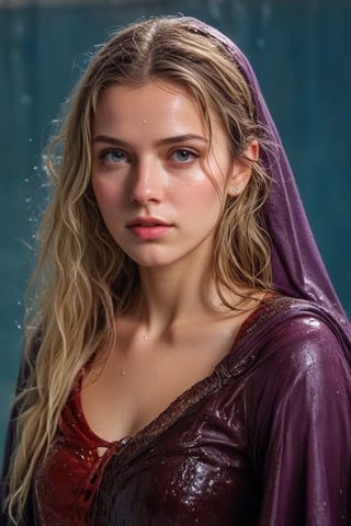 (wet clothes, wet hair, wet, wet face, wet skin,  : 1.4 ),(Chiaroscuro Solid colors background),( Beautiful wet German queen with a shawl on her shoulder ),(greater details in definitions of face and eyes), (realistic and detailed wet skin textures), (extremely clear image, UHD, resembling realistic professional photographs, film grain), beautiful wet blonde hair,beautiful blue iris, ((wearing Baroque-style crimson dirndl ballgowns, veiled royal cloak, clothes with vibrant colors, holding a shawl on hand, submerge,  hugging, very wet drenched hair, wet face:1.2)), infused with norwegian elements. The dress combines intricate lace and embroidery with colorful ballgown-inspired patterns. A wide obi belt cinches her waist, while puffed sleeves and delicate accessories complete the look, showcasing a striking fusion of cultures.,ct-drago
.
, soakingwetclothes, wet clothes, wet hair, Visual Anime,art_booster,anime_screencap,fake_screenshot,anime coloring
