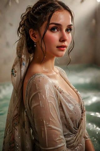 beautiful photo of a soaking wet girl. (masterpiece, top quality, best quality, official art, beautiful and aesthetic, wearing ballgown drapped with shawl:1.2), (1girl:1.4), portrait, extreme detailed, highest detailed, simple background, 16k, high resolution, perfect dynamic composition, bokeh, (sharp focus:1.2), super wide angle, high angle, high color contrast, medium shot, depth of field, blurry background,,itacstl, slight smile, ballgown, full sleeve

(wet clothes, wet hair, wet, wet face, wet skin, : 1.4 ), soakingwetclothes, wet clothes, wet hair, Visual Anime,Pakistani dress