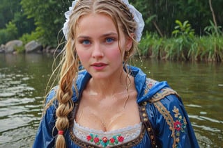 (wet clothes, wet hair, wet, wet face, wet skin,  : 1.4 ),(two Beautiful German queen ),(greater details in definitions of face and eyes), (realistic and detailed skin textures), (extremely clear image, UHD, resembling realistic professional photographs, film grain), beautiful blonde hair,beautiful blue iris, ((wearing Baroque-style dirndl ballgowns and royal cloak with vibrant colors, submerge, two girls hugging, very wet drenched hair, wet face:1.2)), infused with norwegian elements. The dress combines intricate lace and embroidery with colorful ballgown-inspired patterns. A wide obi belt cinches her waist, while puffed sleeves and delicate accessories complete the look, showcasing a striking fusion of cultures.,ct-drago
.
, soakingwetclothes, wet clothes, wet hair, Visual Anime,art_booster,anime_screencap,fake_screenshot,anime coloring