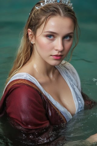 (wet clothes, wet hair, wet, wet face, wet skin,  : 1.4 ),(Chiaroscuro Solid colors background),( Beautiful wet German queen ),(greater details in definitions of face and eyes), (realistic and detailed wet skin textures), (extremely clear image, UHD, resembling realistic professional photographs, film grain), beautiful wet blonde hair,beautiful blue iris, ((wearing Baroque-style crimson dirndl ballgowns, royal cloak, clothes with vibrant colors, holding a shawl on hand, submerge,  hugging, very wet drenched hair, wet face:1.2)), infused with norwegian elements. The dress combines intricate lace and embroidery with colorful ballgown-inspired patterns. A wide obi belt cinches her waist, while puffed sleeves and delicate accessories complete the look, showcasing a striking fusion of cultures.,ct-drago
.
, soakingwetclothes, wet clothes, wet hair, Visual Anime,art_booster,anime_screencap,fake_screenshot,anime coloring