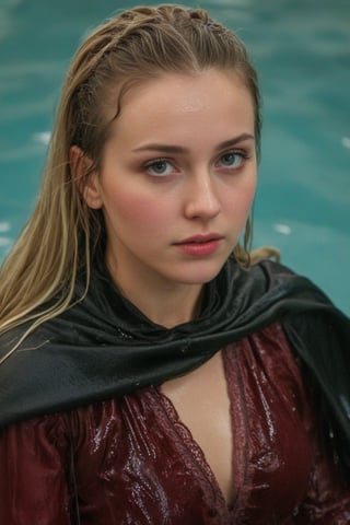 (wet clothes, wet hair, wet, wet face, wet skin,  : 1.4 ),(Chiaroscuro Solid colors background),( Beautiful wet German queen ),(greater details in definitions of face and eyes), (realistic and detailed wet skin textures), (extremely clear image, UHD, resembling realistic professional photographs, film grain), beautiful wet blonde hair,beautiful blue iris, ((wearing Baroque-style crimson dirndl ballgowns, royal cloak, clothes with vibrant colors, holding a shawl on hand, submerge,  hugging, very wet drenched hair, wet face:1.2)), infused with norwegian elements. The dress combines intricate lace and embroidery with colorful ballgown-inspired patterns. A wide obi belt cinches her waist, while puffed sleeves and delicate accessories complete the look, showcasing a striking fusion of cultures.,ct-drago
.
, soakingwetclothes, wet clothes, wet hair, Visual Anime,art_booster,anime_screencap,fake_screenshot,anime coloring