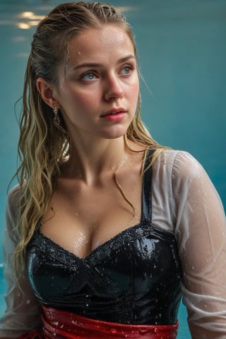 (wet clothes, wet hair, wet, wet face, wet skin,  : 1.4 ),(Chiaroscuro Solid colors background),( Beautiful wet German queen with a shawl on her shoulder ),(greater details in definitions of face and eyes), (realistic and detailed wet skin textures), (extremely clear image, UHD, resembling realistic professional photographs, film grain), beautiful wet blonde hair,beautiful blue iris, ((wearing Baroque-style crimson dirndl ballgowns,clothes with vibrant colors, , submerge,  hugging, very wet drenched hair, wet face:1.2)), infused with norwegian elements. The dress combines intricate lace and embroidery with colorful ballgown-inspired patterns. A wide obi belt cinches her waist, while puffed sleeves and delicate accessories complete the look, showcasing a striking fusion of cultures.,ct-drago
.
, soakingwetclothes, wet clothes, wet hair, Visual Anime,art_booster,anime_screencap,fake_screenshot,anime coloring