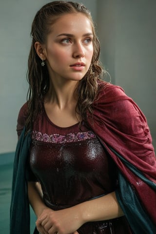 (wet clothes, wet hair, wet, wet face, wet skin,  : 1.4 ),(Chiaroscuro Solid colors background),( Beautiful wet German queen with a shawl on her shoulder ),(greater details in definitions of face and eyes), (realistic and detailed wet skin textures), (extremely clear image, UHD, resembling realistic professional photographs, film grain), beautiful wet blonde hair,beautiful blue iris, ((wearing Baroque-style crimson dirndl ballgowns partly covered by shawl,clothes with vibrant colors, , submerge,  hugging, very wet drenched hair, wet face:1.2)), infused with norwegian elements. The dress combines intricate lace and embroidery with colorful ballgown-inspired patterns. A wide obi belt cinches her waist, while puffed sleeves and delicate accessories complete the look, showcasing a striking fusion of cultures.,ct-drago
.
, soakingwetclothes, wet clothes, wet hair, Visual Anime,art_booster,anime_screencap,fake_screenshot,anime coloring,Pakistani dress