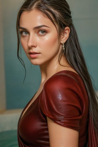 (wet clothes, wet hair, wet, wet face, wet skin,  : 1.4 ),(Chiaroscuro Solid colors background),( Beautiful wet German queen covered by a shawl on her shoulder ),(greater details in definitions of wet face and eyes), (realistic and detailed wet skin textures), (extremely clear image, UHD, resembling realistic professional photographs, film grain), beautiful wet blonde hair,beautiful blue iris, ((wearing wet Baroque-style crimson dirndl ballgowns partly covered by wet shawl,clothes with vibrant colors, , submerge,  hugging, very wet drenched hair, wet face:1.2)), infused with norwegian elements. The dress combines intricate lace and embroidery with colorful ballgown-inspired patterns. A wide obi belt cinches her waist, while puffed sleeves and delicate accessories complete the look, showcasing a striking fusion of cultures.,ct-drago
.
, soakingwetclothes, wet clothes, wet hair, Visual Anime,art_booster,anime_screencap,fake_screenshot,anime coloring,Pakistani dress,indian, Indian beauty