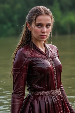 (wet clothes, wet hair, wet, wet face, wet skin,  : 1.4 ),(Chiaroscuro Solid colors background),( Beautiful wet German queen with a shawl on her shoulder ),(greater details in definitions of face and eyes), (realistic and detailed wet skin textures), (extremely clear image, UHD, resembling realistic professional photographs, film grain), beautiful wet blonde hair,beautiful blue iris, ((wearing Baroque-style crimson dirndl ballgowns,clothes with vibrant colors, , submerge,  hugging, very wet drenched hair, wet face:1.2)), infused with norwegian elements. The dress combines intricate lace and embroidery with colorful ballgown-inspired patterns. A wide obi belt cinches her waist, while puffed sleeves and delicate accessories complete the look, showcasing a striking fusion of cultures.,ct-drago
.
, soakingwetclothes, wet clothes, wet hair, Visual Anime,art_booster,anime_screencap,fake_screenshot,anime coloring