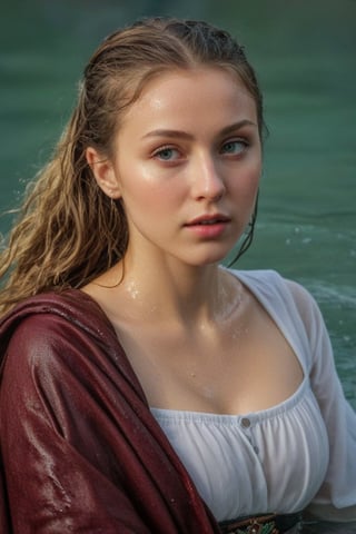 (wet clothes, wet hair, wet, wet face, wet skin,  : 1.4 ),(Chiaroscuro Solid colors background),( Beautiful wet German queen ),(greater details in definitions of face and eyes), (realistic and detailed wet skin textures), (extremely clear image, UHD, resembling realistic professional photographs, film grain), beautiful wet blonde hair,beautiful blue iris, ((wearing Baroque-style crimson dirndl ballgowns, royal cloak, clothes with vibrant colors, holding a shawl on hand, submerge,  hugging, very wet drenched hair, wet face:1.2)), infused with norwegian elements. The dress combines intricate lace and embroidery with colorful ballgown-inspired patterns. A wide obi belt cinches her waist, while puffed sleeves and delicate accessories complete the look, showcasing a striking fusion of cultures.,ct-drago
.
, soakingwetclothes, wet clothes, wet hair, Visual Anime,art_booster,anime_screencap,fake_screenshot,anime coloring