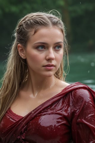 (wet clothes, wet hair, wet, wet face, wet skin,  : 1.4 ),(Chiaroscuro Solid colors background),( Beautiful wet German queen ),(greater details in definitions of face and eyes), (realistic and detailed wet skin textures), (extremely clear image, UHD, resembling realistic professional photographs, film grain), beautiful wet blonde hair,beautiful blue iris, ((wearing Baroque-style crimson dirndl ballgowns, royal cloak, clothes with vibrant colors, holding a shawl on hand, submerge,  hugging, very wet drenched hair, wet face:1.2)), infused with norwegian elements. The dress combines intricate lace and embroidery with colorful ballgown-inspired patterns. A wide obi belt cinches her waist, while puffed sleeves and delicate accessories complete the look, showcasing a striking fusion of cultures.,ct-drago
.
, soakingwetclothes, wet clothes, wet hair, Visual Anime,art_booster,anime_screencap,fake_screenshot,anime coloring